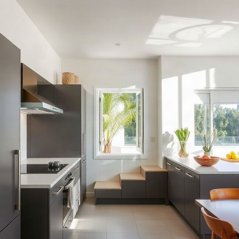 Cozinha reformada em apartamento em Florianópolis com armários cinza e bancada de quartzo branco
