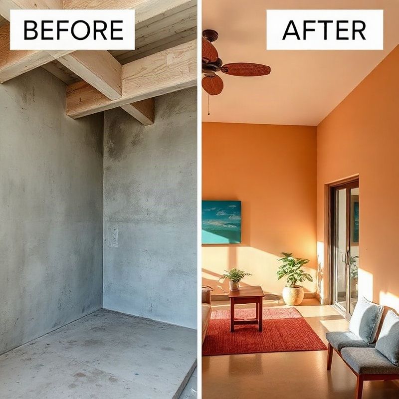 Apartamento em reforma completa em Florianópolis, com contraste entre paredes de concreto e ambiente finalizado