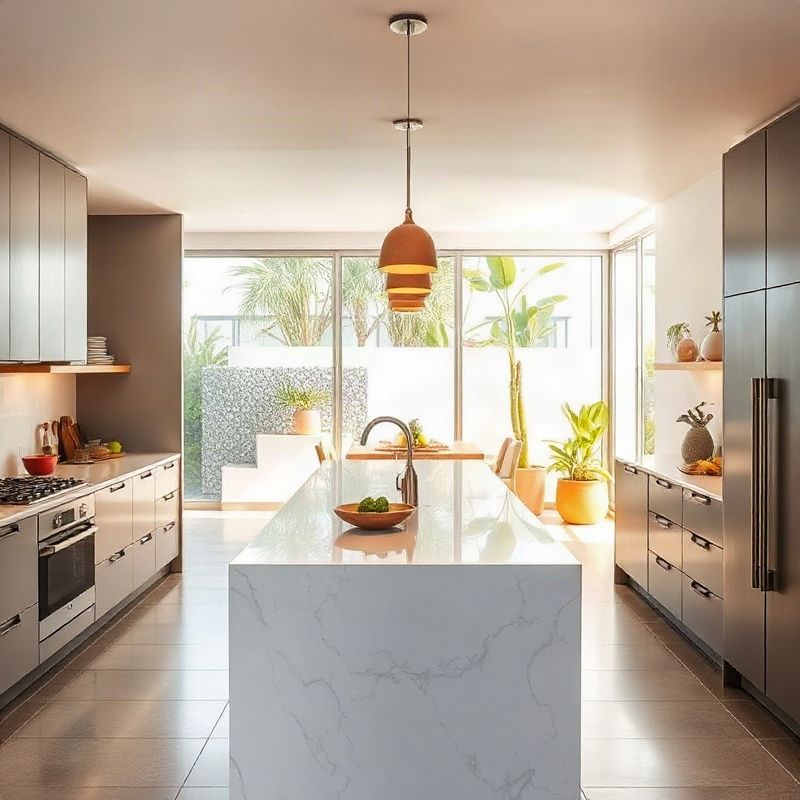 Cozinha integrada em Trindade, Florianópolis, com ilha central em granito branco