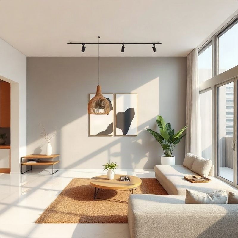 Renderização 3D fotorrealista de interior de apartamento em Florianópolis em tons de cinza e branco quente