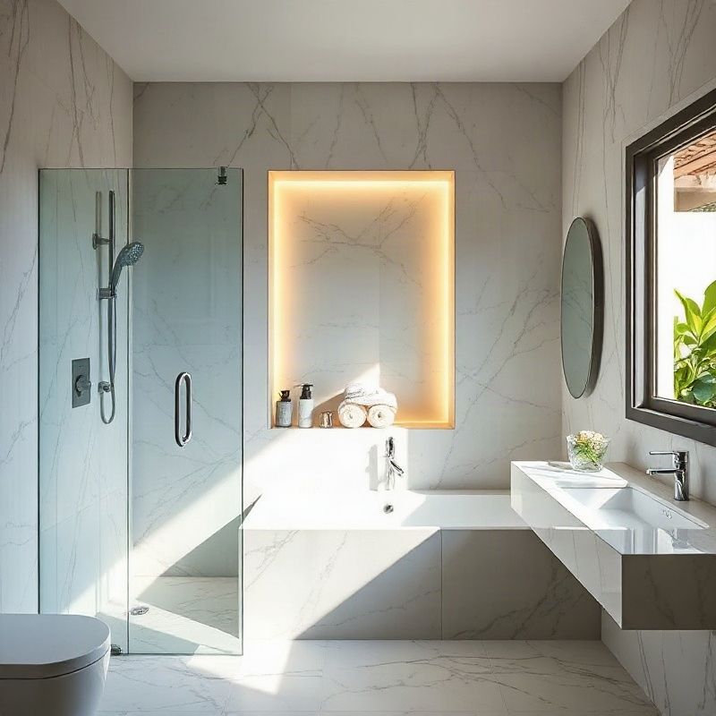 Suíte no Campeche com revestimento em mármore Carrara e box de vidro